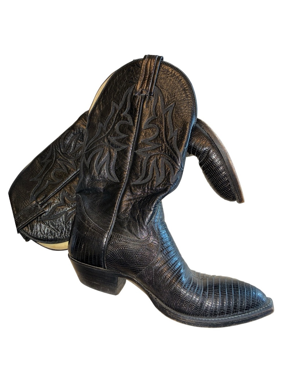 Tener's Cowboy Boots, women's 7B Black Leather, fancy flame stitch, Western euc